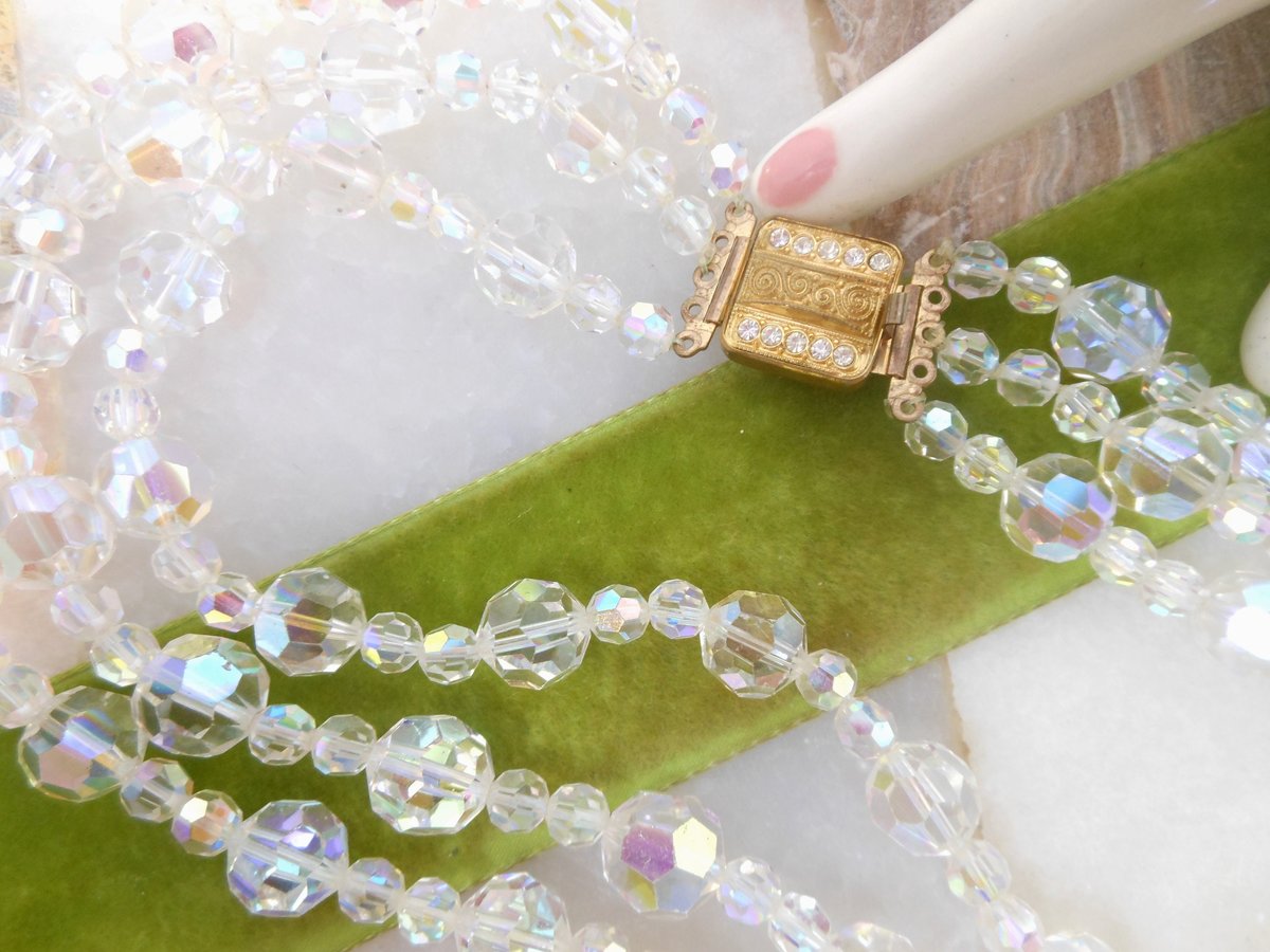 Vintage Art Deco Crystal Bead Necklace Aurora Borealis 3 Strand Collar Graduated Bib Stunner Sparkler Mid Century Jewelry, VivianJoel.com