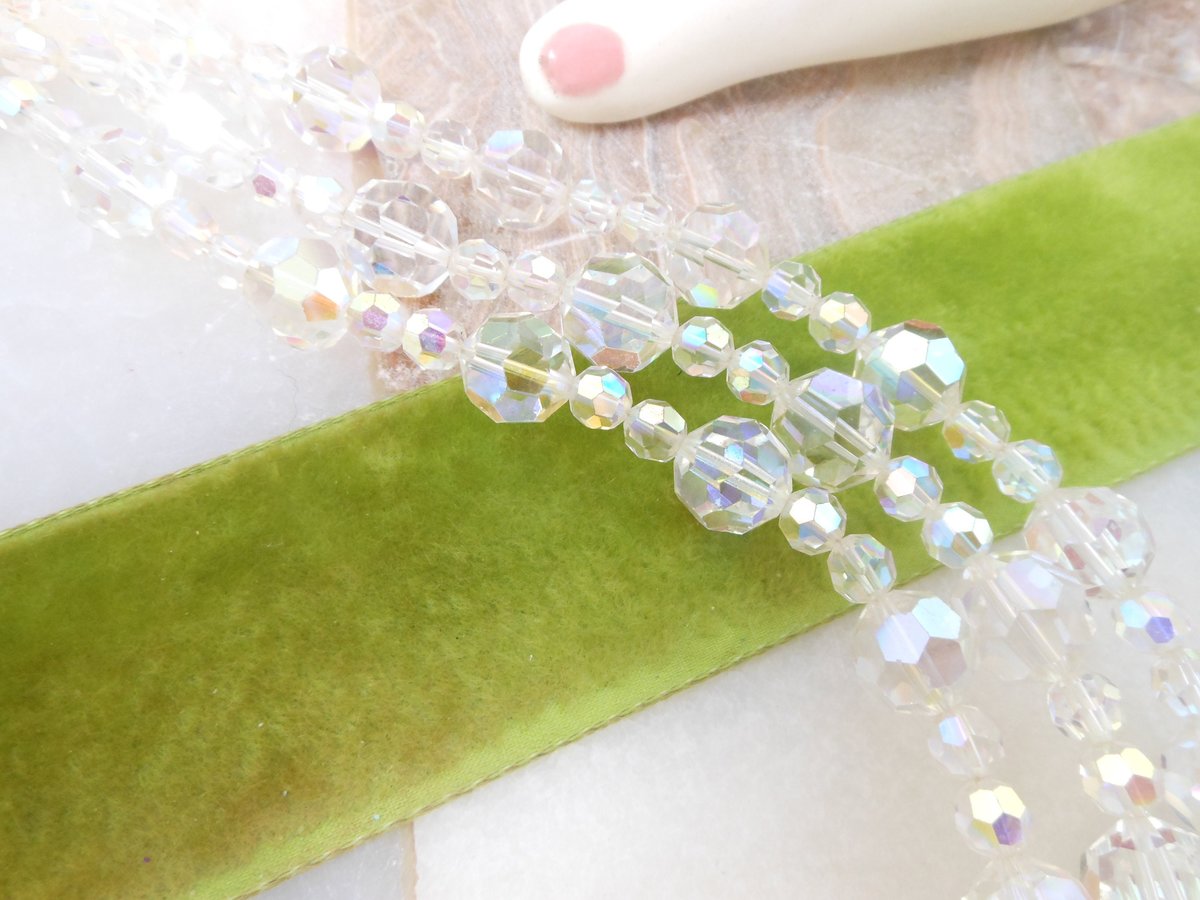 Vintage Art Deco Crystal Bead Necklace Aurora Borealis 3 Strand Collar Graduated Bib Stunner Sparkler Mid Century Jewelry, VivianJoel.com