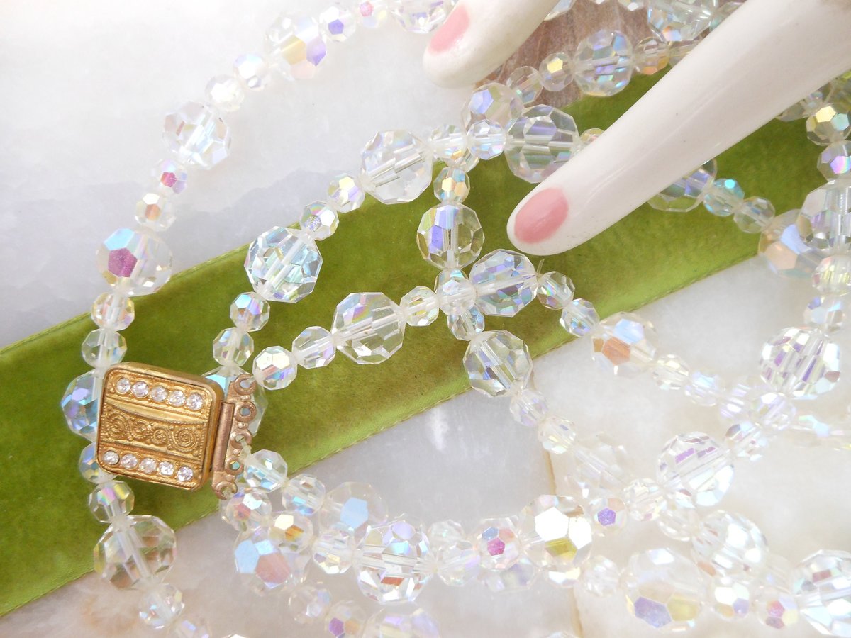 Vintage Art Deco Crystal Bead Necklace Aurora Borealis 3 Strand Collar Graduated Bib Stunner Sparkler Mid Century Jewelry, VivianJoel.com