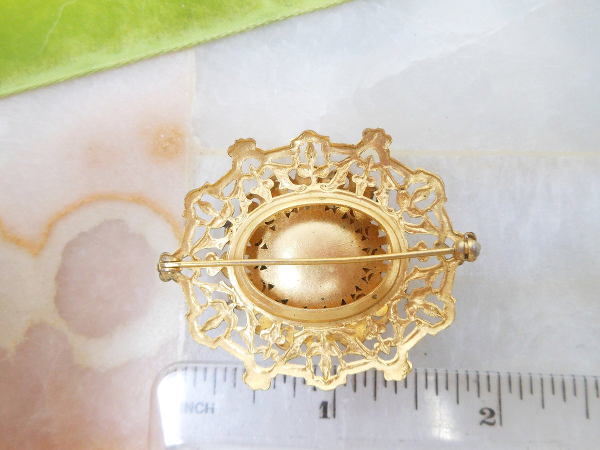 Vintage Pink Rose Brooch Enamel Guilloche Flower Pin Ornate Gold Plate Regency Victorian Revival Jewelry Gift Mid Century, VivianJoel.com