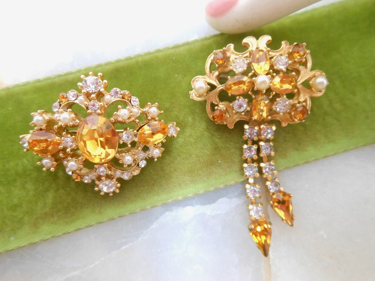 Vintage LOT 2 Victorian Revival Brooch Ornate Rhinestone Pearl Topaz Pin Gold Plate Mid Century Jewelry Gift, VivianJoel.com