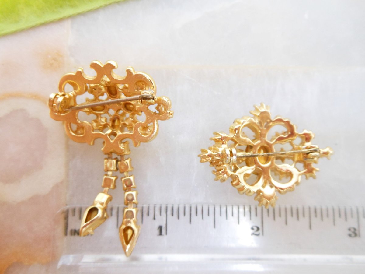 Vintage LOT 2 Victorian Revival Brooch Ornate Rhinestone Pearl Topaz Pin Gold Plate Mid Century Jewelry Gift, VivianJoel.com