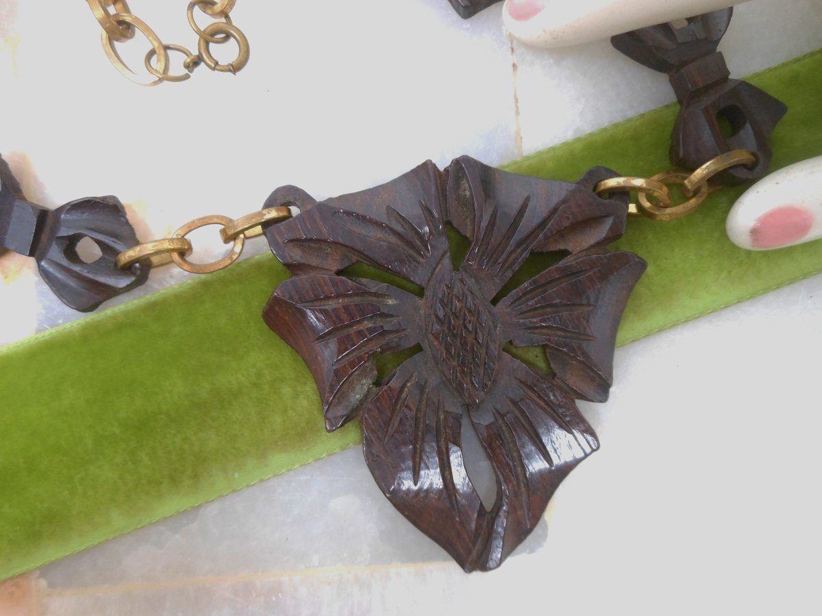 Vintage Carved Wood Necklace Huge Flower Pendant Bow Link Hand Made Artisan Folk Art Jewelry Gift Mid Century, VivianJoel.com