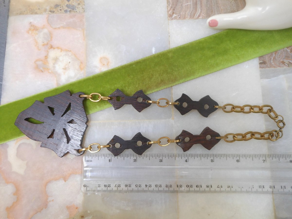 Vintage Carved Wood Necklace Huge Flower Pendant Bow Link Hand Made Artisan Folk Art Jewelry Gift Mid Century, VivianJoel.com