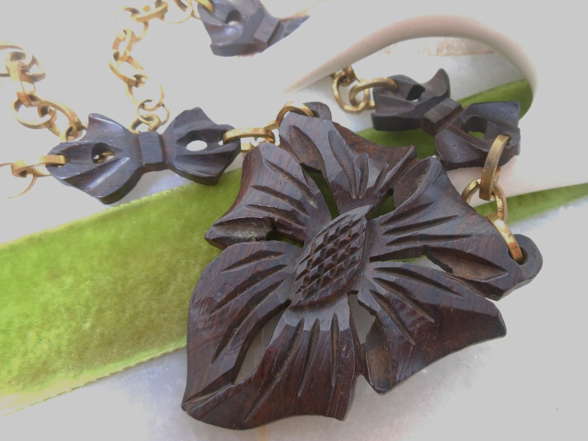 Vintage Carved Wood Necklace Huge Flower Pendant Bow Link Hand Made Artisan Folk Art Jewelry Gift Mid Century, VivianJoel.com