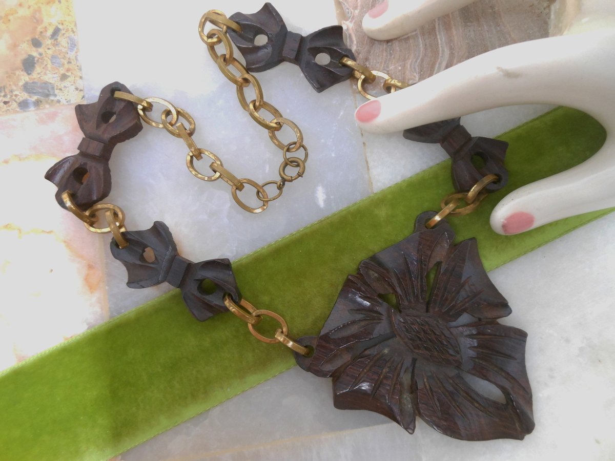 Vintage Carved Wood Necklace Huge Flower Pendant Bow Link Hand Made Artisan Folk Art Jewelry Gift Mid Century, VivianJoel.com