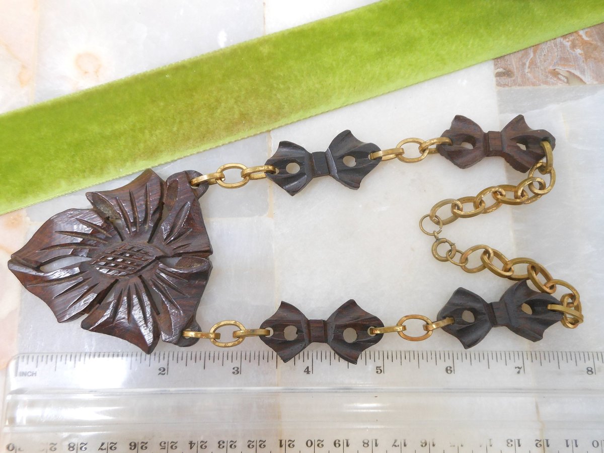 Vintage Carved Wood Necklace Huge Flower Pendant Bow Link Hand Made Artisan Folk Art Jewelry Gift Mid Century, VivianJoel.com