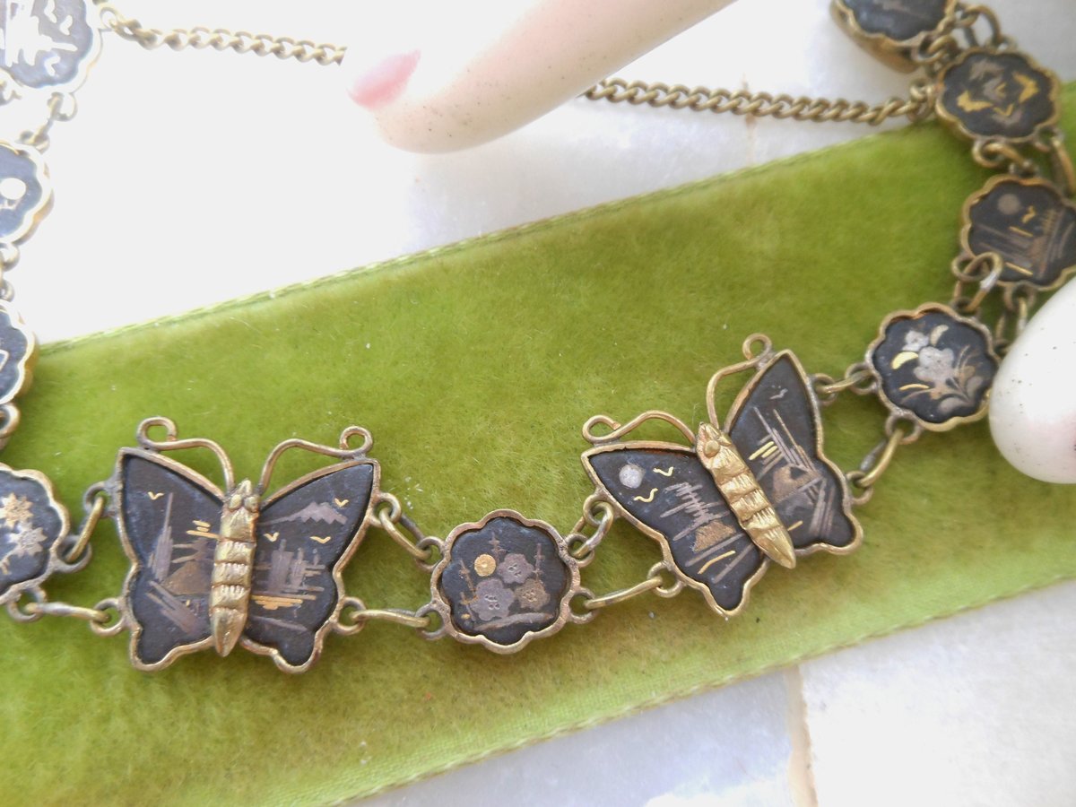 Vintage Damascene Bracelet Link Butterfly K24 Gold Overlay Black Enamel Amita Japan Mid Century Jewelry Gift, VivianJoel.com