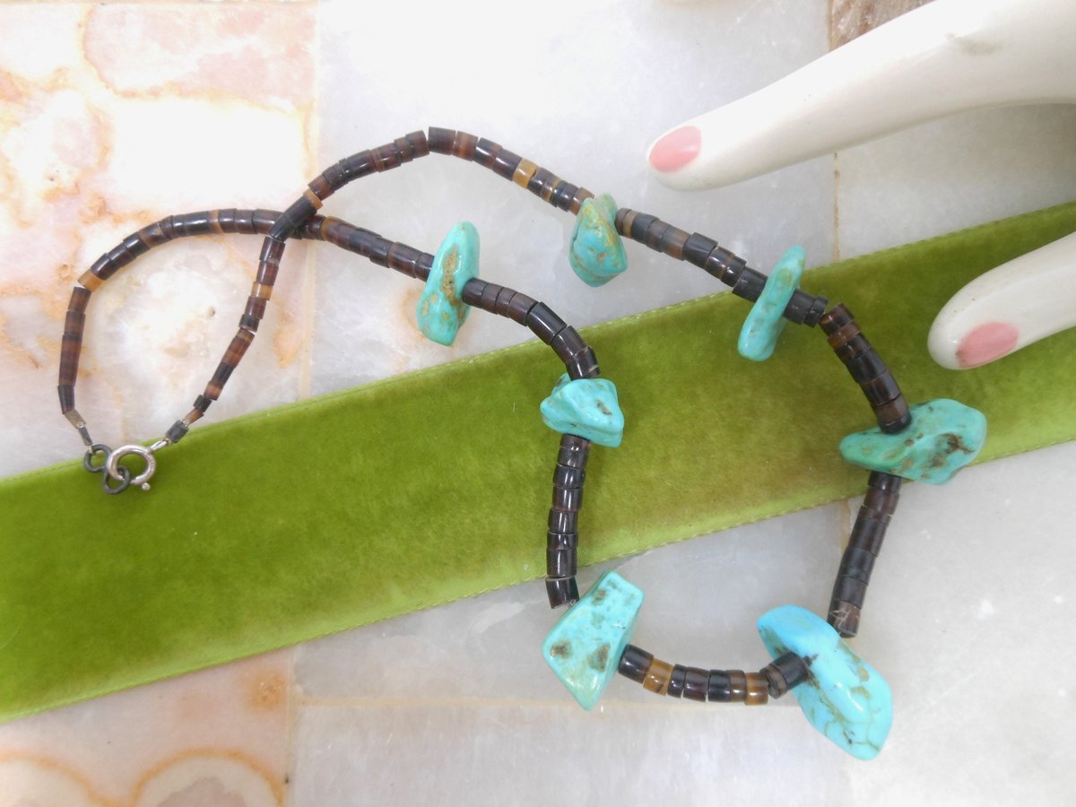 Vintage Turquoise Bead Necklace Collar Chunky Organic Stone Heishi Boho Southwest Organic Mid Century Jewelry Gift, VivianJoel.com