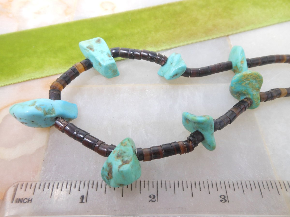 Vintage Turquoise Bead Necklace Collar Chunky Organic Stone Heishi Boho Southwest Organic Mid Century Jewelry Gift, VivianJoel.com