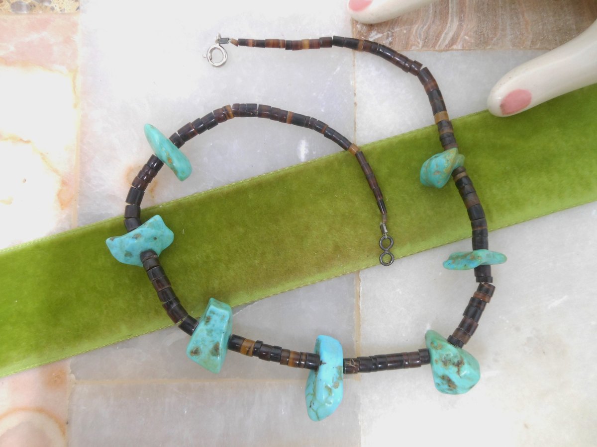Vintage Turquoise Bead Necklace Collar Chunky Organic Stone Heishi Boho Southwest Organic Mid Century Jewelry Gift, VivianJoel.com