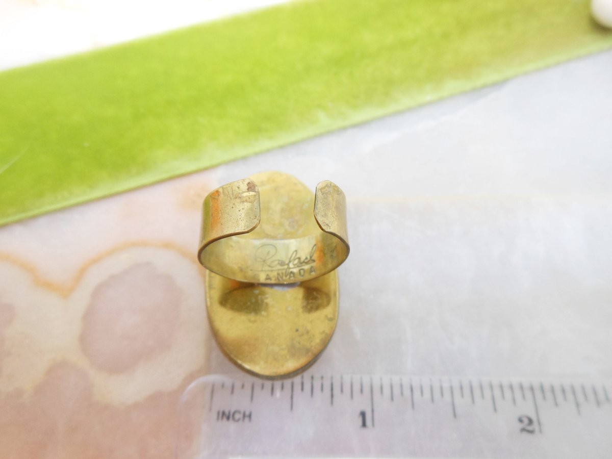 Vintage RAFAEL CANADA Statement Ring Brass Cobalt Blue Glass Artisan Brutalist Modernist Designer Jewelry Gift Size 8.5, VivianJoel.com