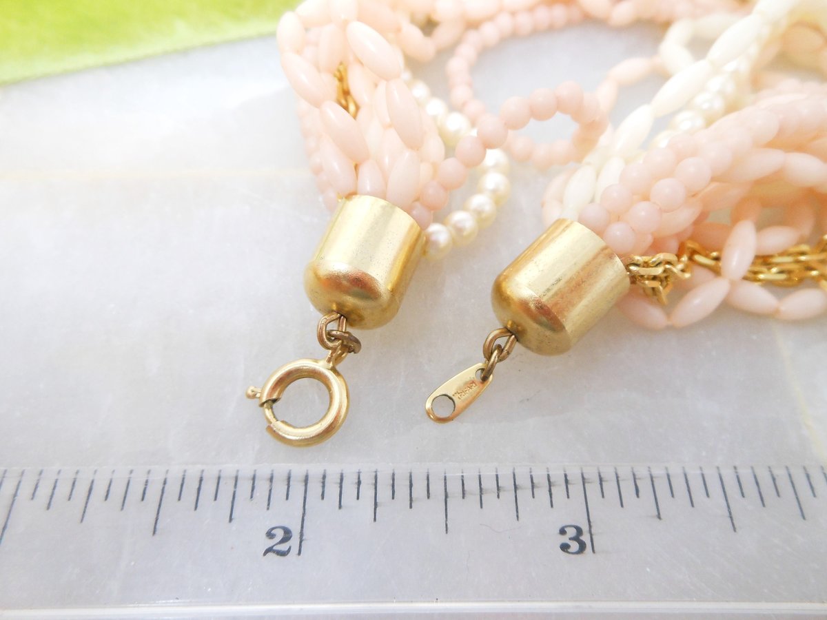Vintage Crown TRIFARI Bead Necklace Multi Strand Pink Blush Plastic Gold Chain Faux Pearl Mid Century Designer Jewelry Gift, VivianJoel.com