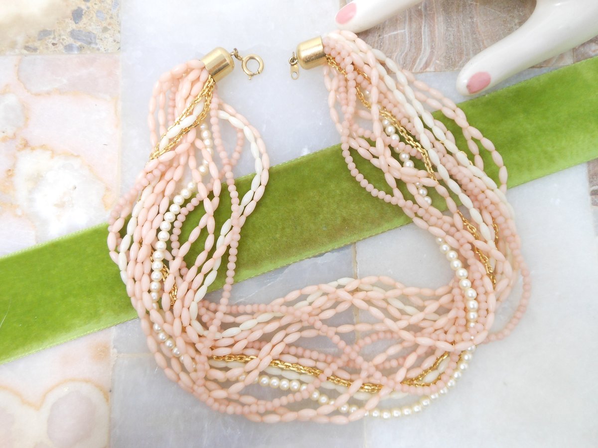 Vintage Crown TRIFARI Bead Necklace Multi Strand Pink Blush Plastic Gold Chain Faux Pearl Mid Century Designer Jewelry Gift, VivianJoel.com