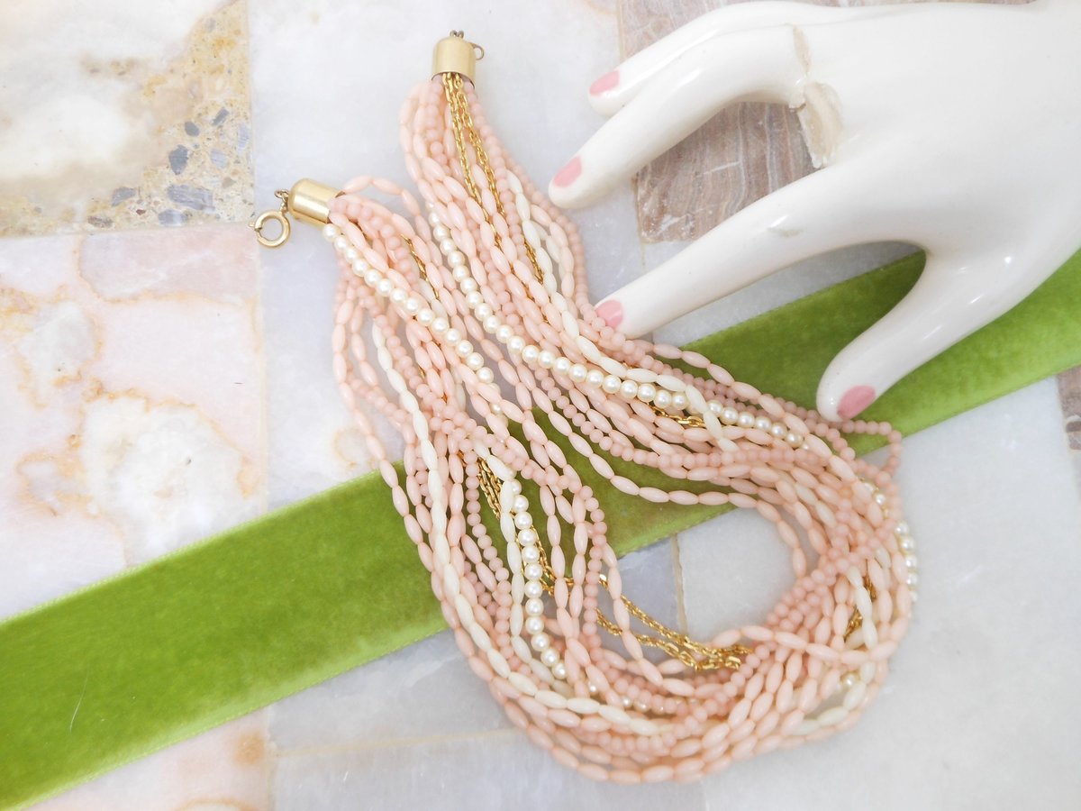 Vintage Crown TRIFARI Bead Necklace Multi Strand Pink Blush Plastic Gold Chain Faux Pearl Mid Century Designer Jewelry Gift, VivianJoel.com