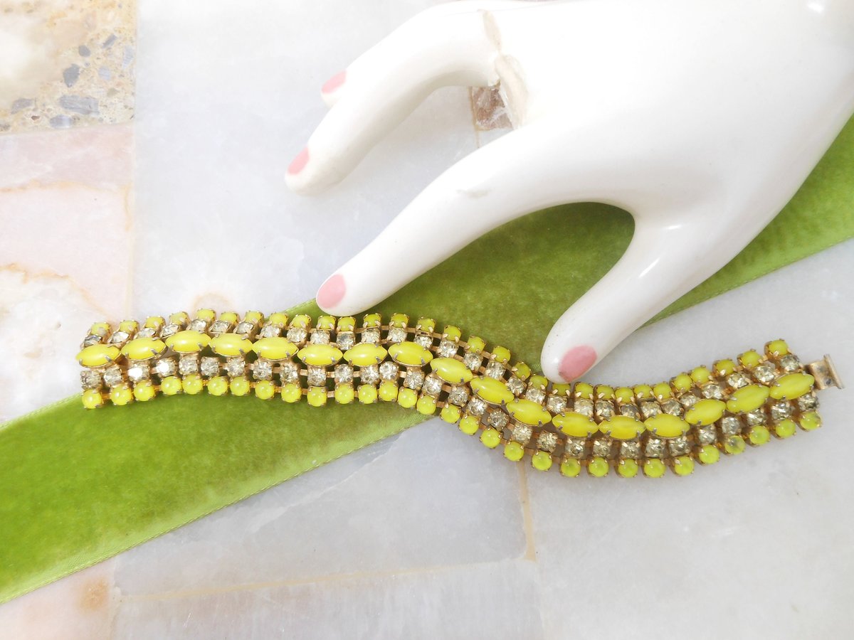 Vintage WARNER Givre Glass Bracelet Rhinestone Yellow Citrine Regency Revival Designer Mid Century Jewelry Gift, VivianJoel.com
