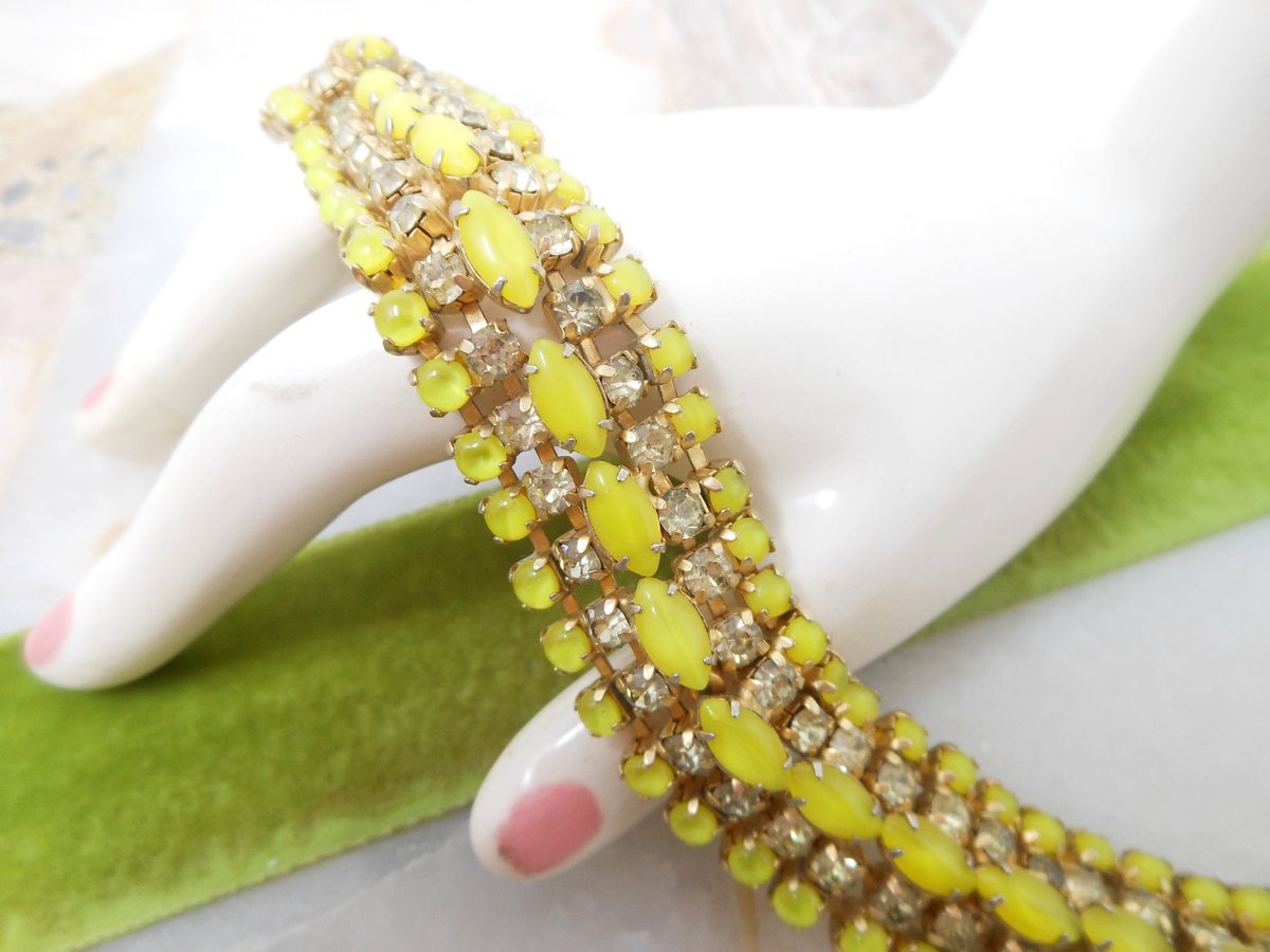 Vintage WARNER Givre Glass Bracelet Rhinestone Yellow Citrine Regency Revival Designer Mid Century Jewelry Gift, VivianJoel.com