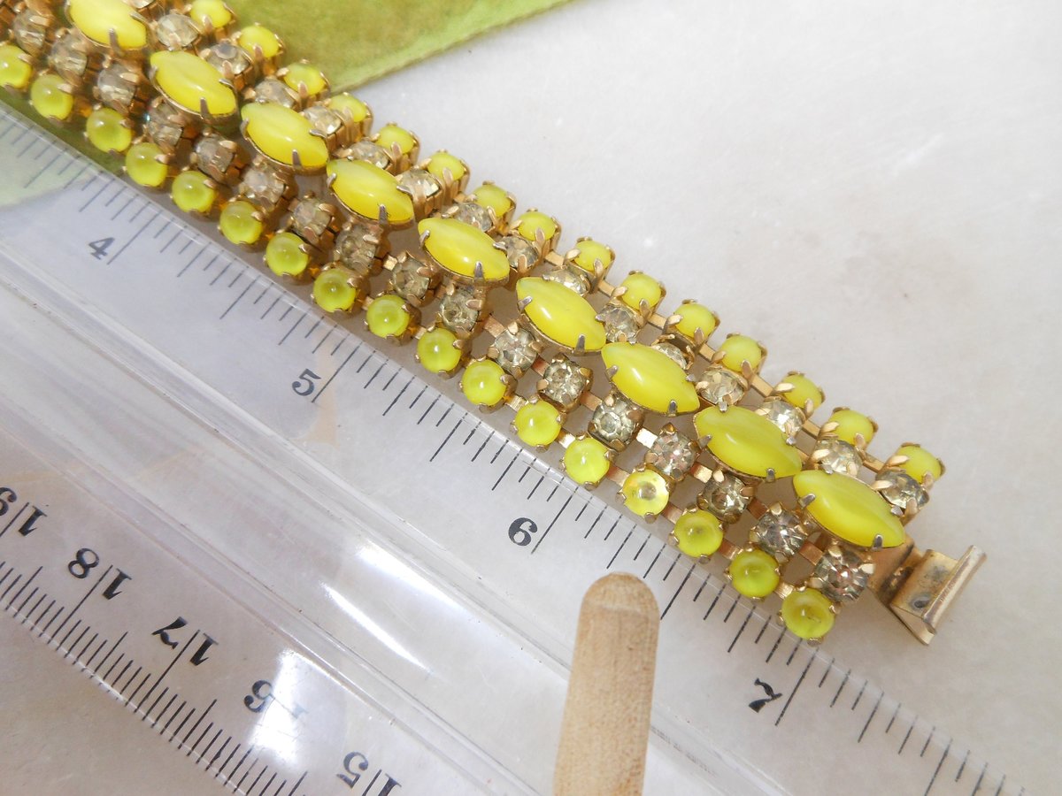 Vintage WARNER Givre Glass Bracelet Rhinestone Yellow Citrine Regency Revival Designer Mid Century Jewelry Gift, VivianJoel.com