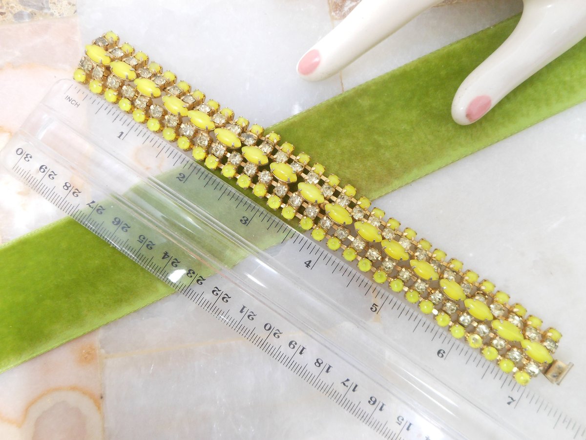 Vintage WARNER Givre Glass Bracelet Rhinestone Yellow Citrine Regency Revival Designer Mid Century Jewelry Gift, VivianJoel.com