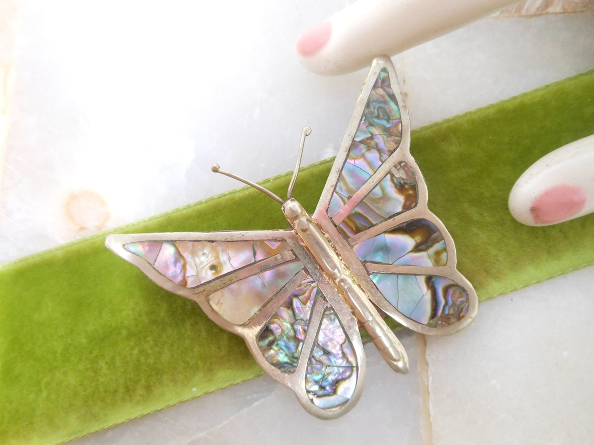 Vintage STERLING SILVER Butterfly Brooch Abalone Shell Inlay 925 Pin Mexico Artisan Designer Mid Century Jewelry Gift, VivianJoel.com
