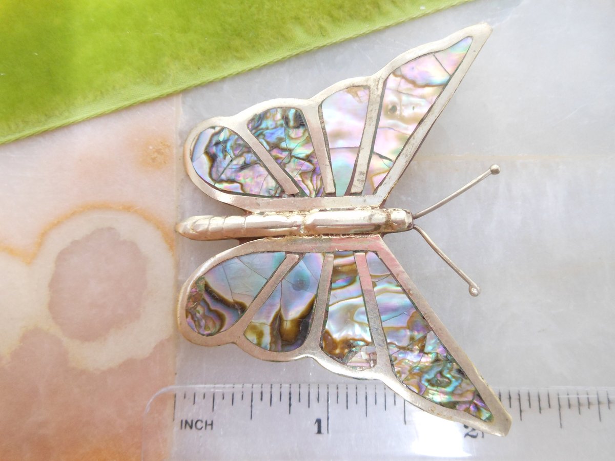 Vintage STERLING SILVER Butterfly Brooch Abalone Shell Inlay 925 Pin Mexico Artisan Designer Mid Century Jewelry Gift, VivianJoel.com