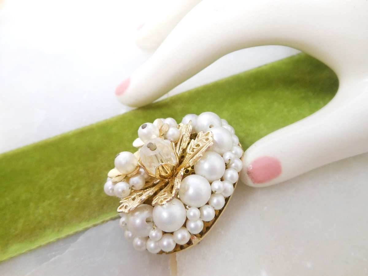 Vintage Pearl Bead Brooch Flower Cluster Pin  Ornate Classic Regency Revival JAPAN Jewelry Gift Mid Century, VivianJoel.com
