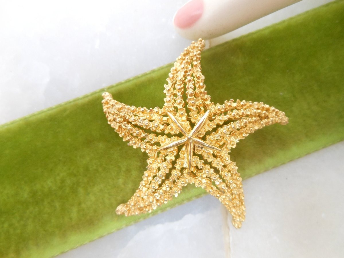 Vintage CORO Starfish Pin Gold Plate Figural Brooch Beach Tiki Tropical Designer Mid Century Jewelry Gift, VivianJoel.com