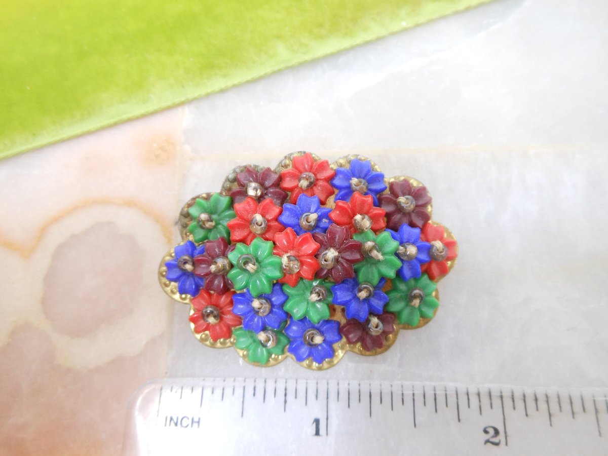 Vintage Tiny Flower Brooch Beaded Bouquet Cluster Pin Handcraft Green Red Blue Artisan Jewelry Gift Mid Century, VivianJoel.com