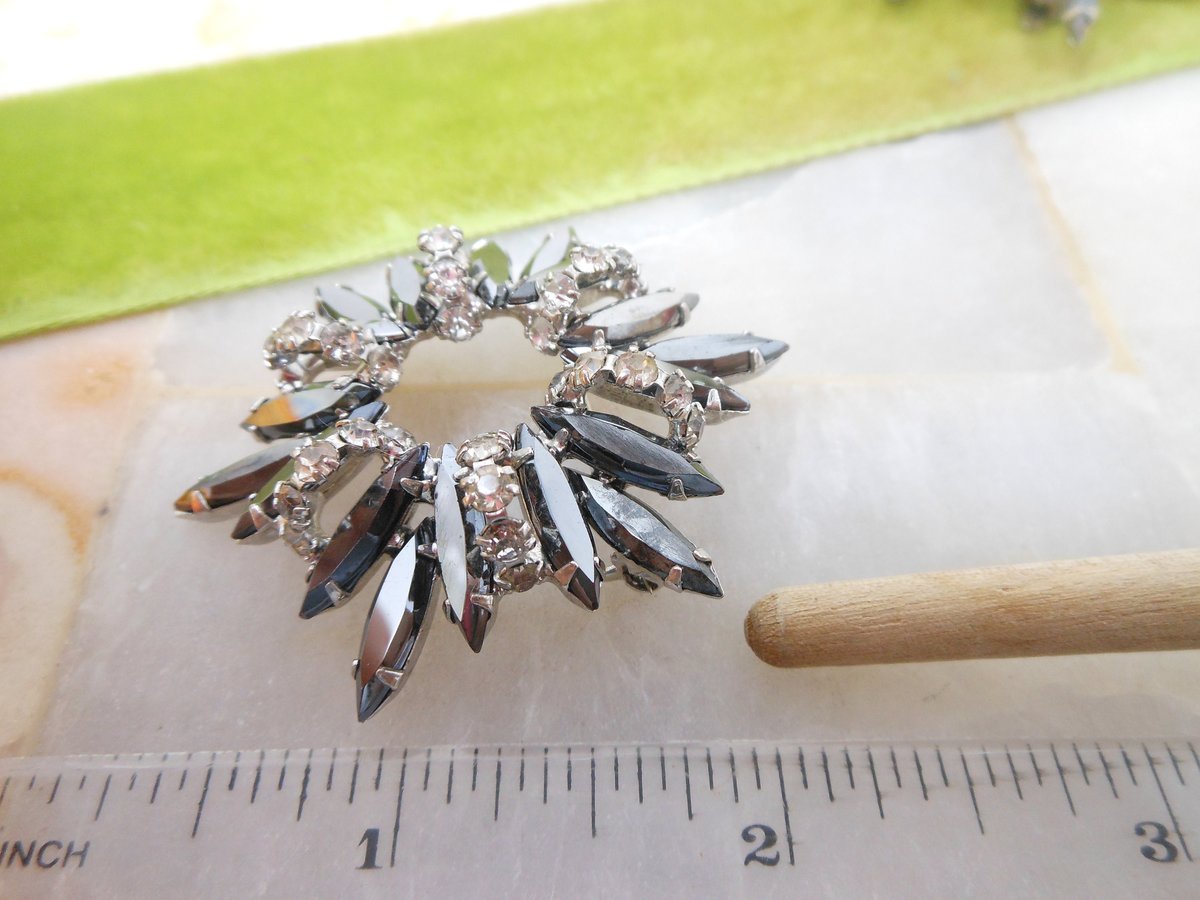 Vintage JULIANA Starburst Flower Brooch Earrings Set Hematite Pin Rhinestone Crystal Designer Verified Mid Century Jewelry, VivianJoel.com