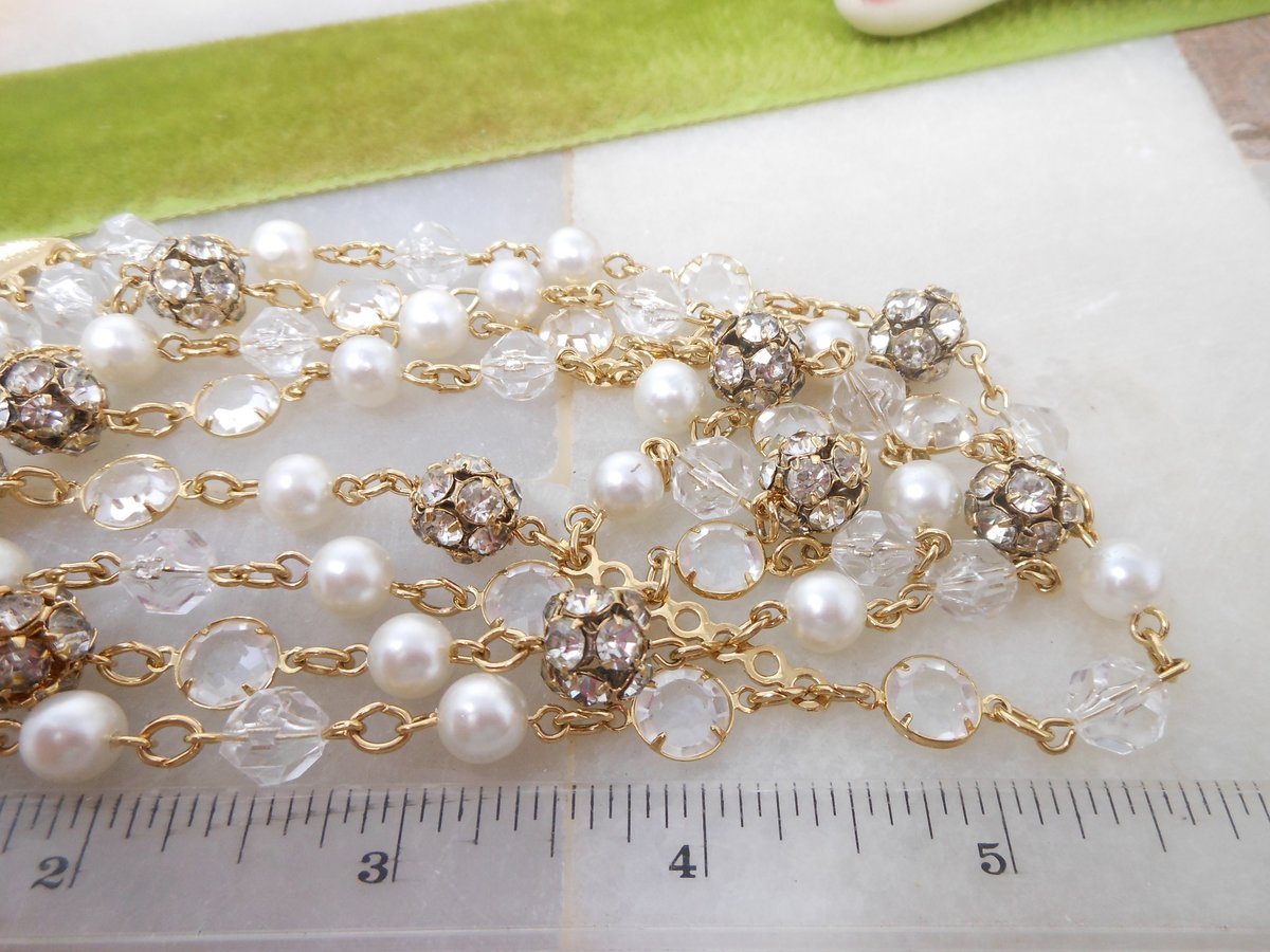 Vintage Crystal Pearl Choker Necklace Rhinestone Bead Multi Strand Beze Set Designer Mid Century Jewelry Gift, VivianJoel.com