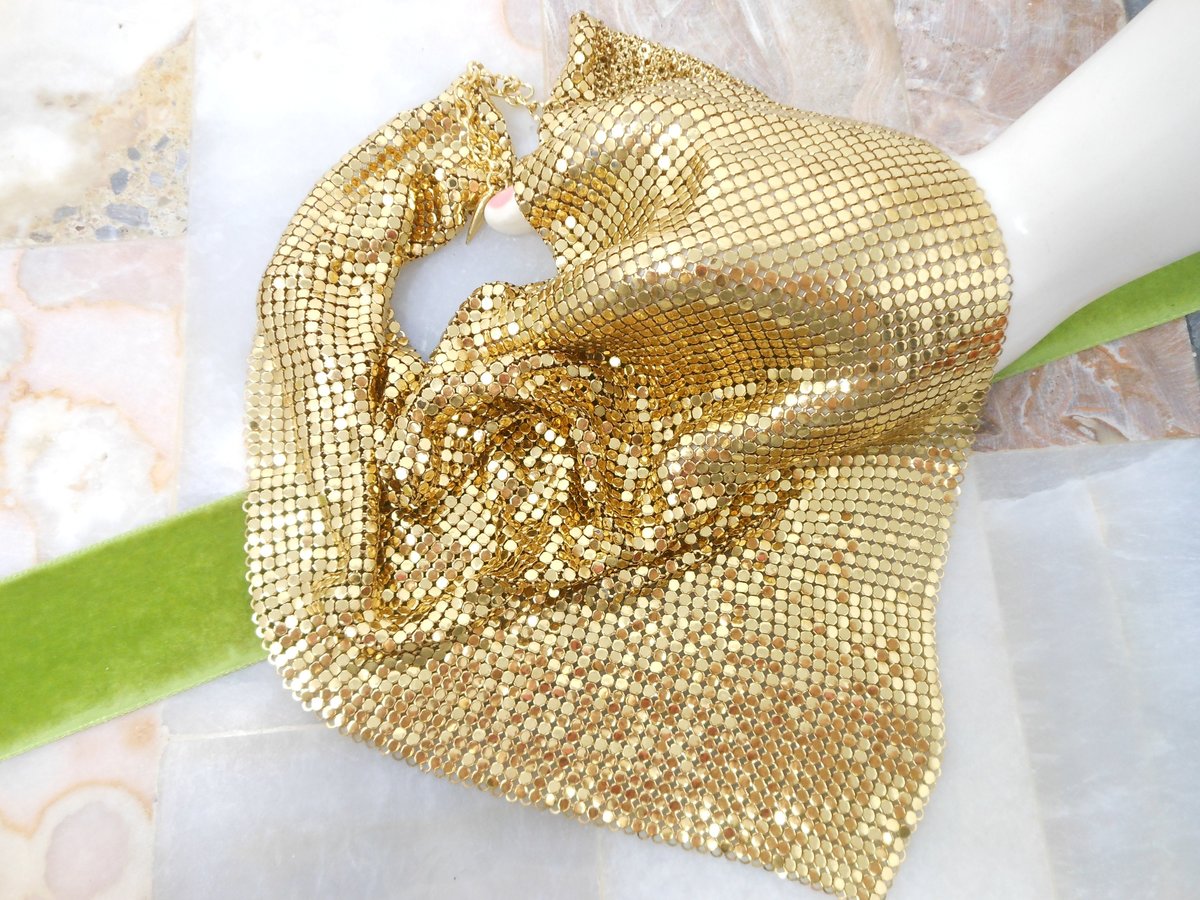 Vintage WHITING DAVIS Mesh Necklace Scarf Bib Gold Plate Chainmail Iconic Liquid Metal Designer Mid Century Jewelry Gift,  VivianJoel.com