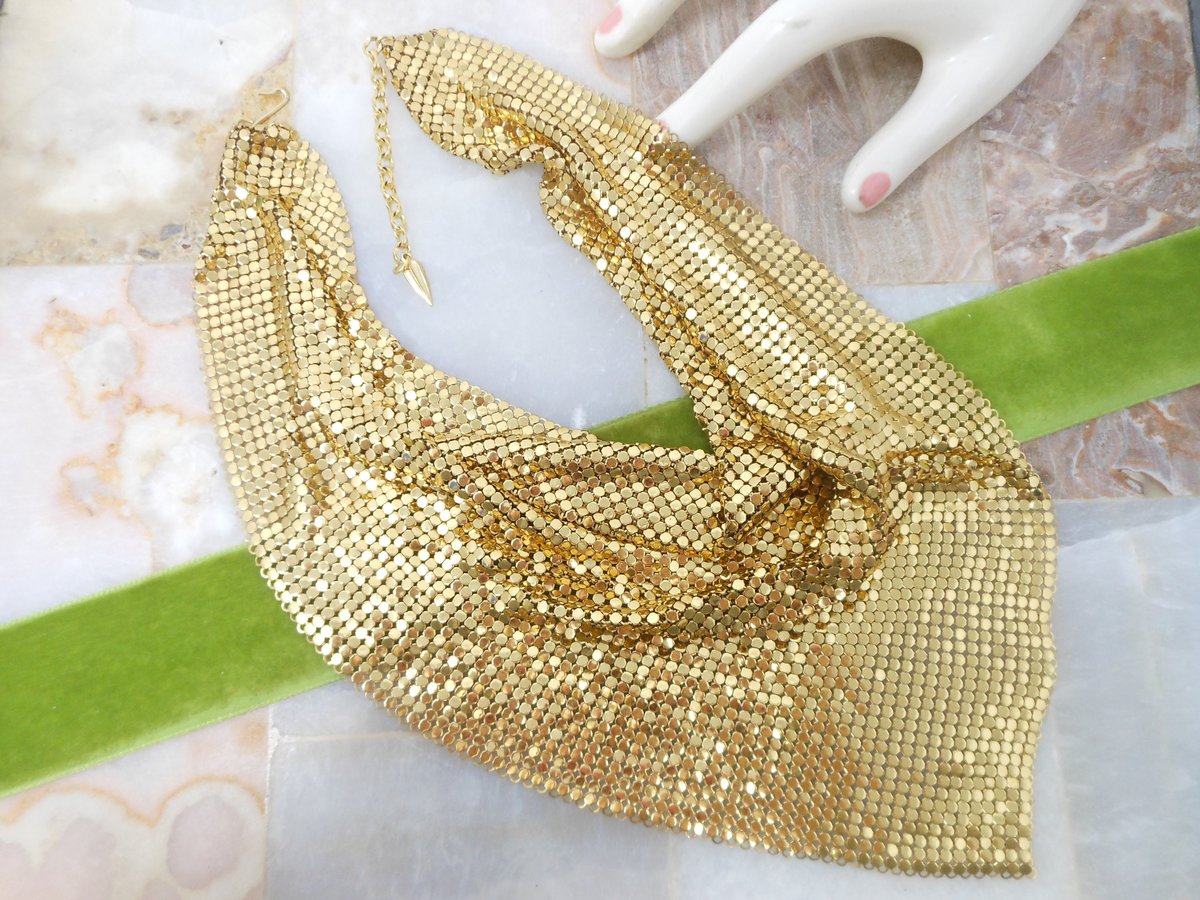 Vintage WHITING DAVIS Mesh Necklace Scarf Bib Gold Plate Chainmail Iconic Liquid Metal Designer Mid Century Jewelry Gift,  VivianJoel.com