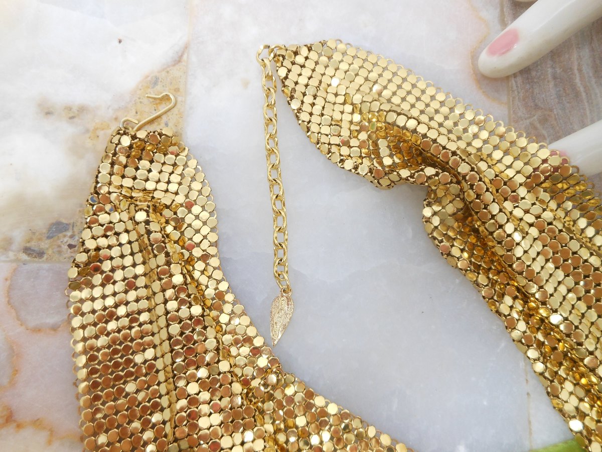 Vintage WHITING DAVIS Mesh Necklace Scarf Bib Gold Plate Chainmail Iconic Liquid Metal Designer Mid Century Jewelry Gift,  VivianJoel.com