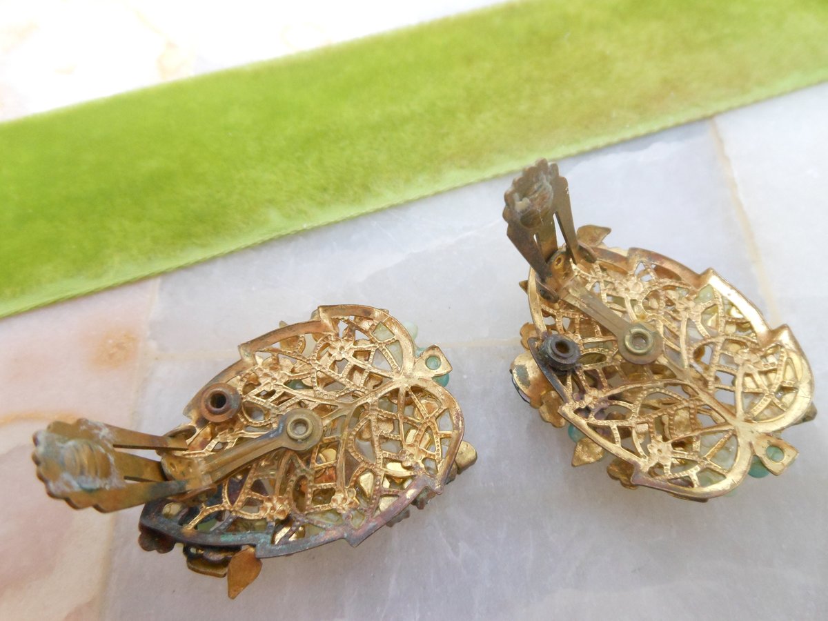 Vintage Cluster Flower Earrings Rhinestone Clip On Ornate Seed Pearl Aurora Borealis Mid Century Jewelry *As Is*, VivianJoel.com