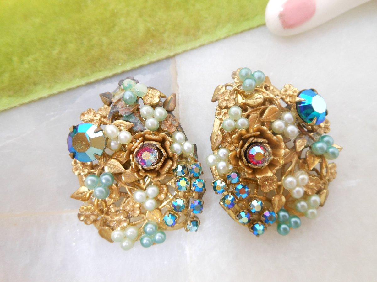 Vintage Cluster Flower Earrings Rhinestone Clip On Ornate Seed Pearl Aurora Borealis Mid Century Jewelry *As Is*, VivianJoel.com