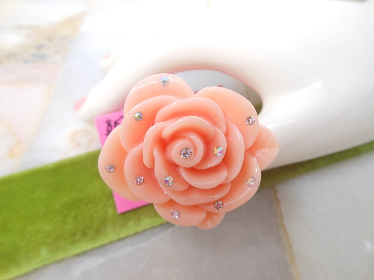 Vintage BETSEY JOHNSON Lucite Ring Plastic Rose Flower Rhinestone  Huge Chunky Resin MOD Funky Size 8 Designer Gift, VivianJoel.com