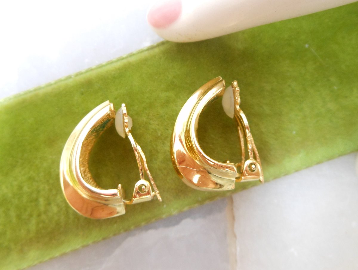 Vintage GIVENCHY Earrings Shiny Gold Plate Designer Clip On Classic Timeless Half Hoop Paris New York Runway Jewelry Gift, VivianJoel.com