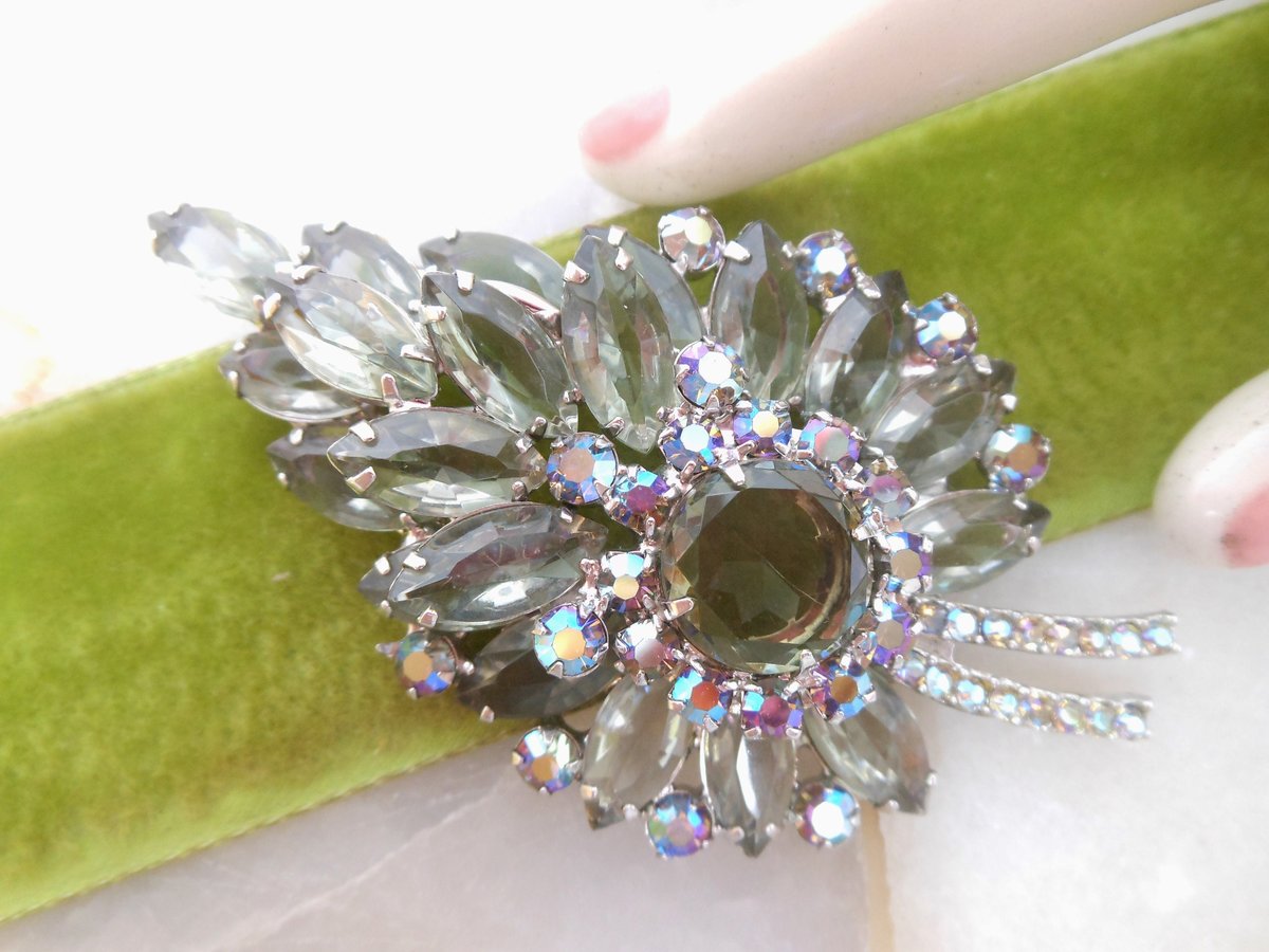 Vintage JULIANA Verified Brooch Flower Leaf Large Rhinestone Gray Green Aurora BorealisDesigner Mid Century Jewelry Gift, VivianJoel.com