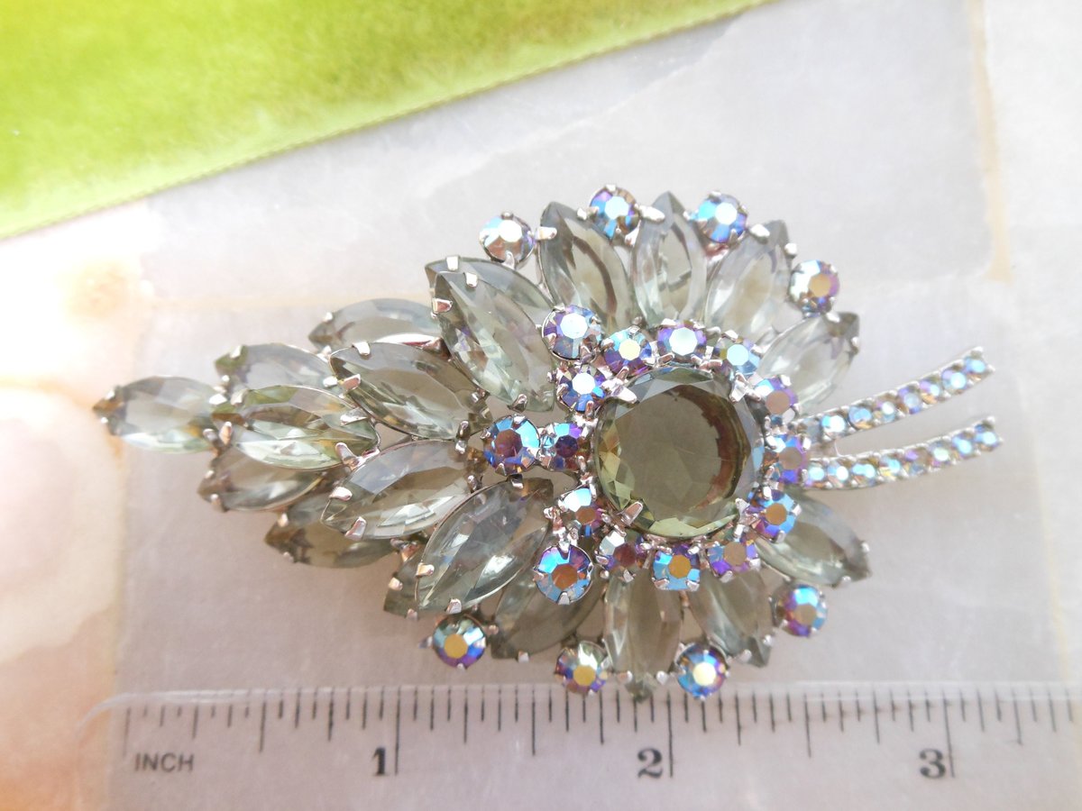 Vintage JULIANA Verified Brooch Flower Leaf Large Rhinestone Gray Green Aurora BorealisDesigner Mid Century Jewelry Gift, VivianJoel.com