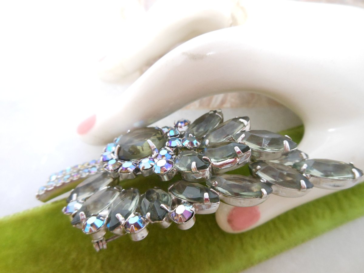 Vintage JULIANA Verified Brooch Flower Leaf Large Rhinestone Gray Green Aurora BorealisDesigner Mid Century Jewelry Gift, VivianJoel.com
