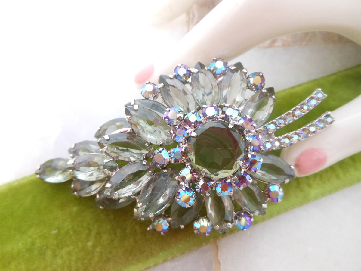 Vintage JULIANA Verified Brooch Flower Leaf Large Rhinestone Gray Green Aurora BorealisDesigner Mid Century Jewelry Gift, VivianJoel.com