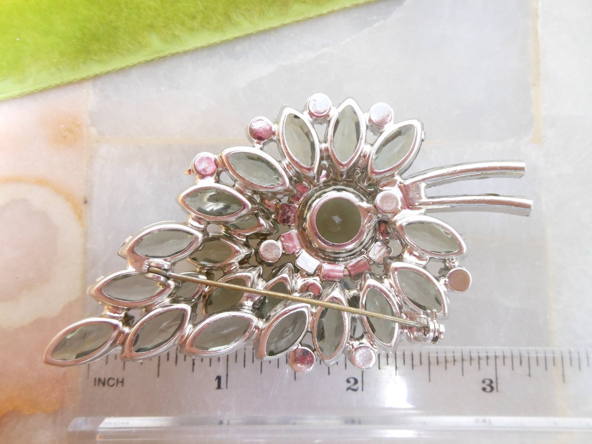 Vintage JULIANA Verified Brooch Flower Leaf Large Rhinestone Gray Green Aurora BorealisDesigner Mid Century Jewelry Gift, VivianJoel.com