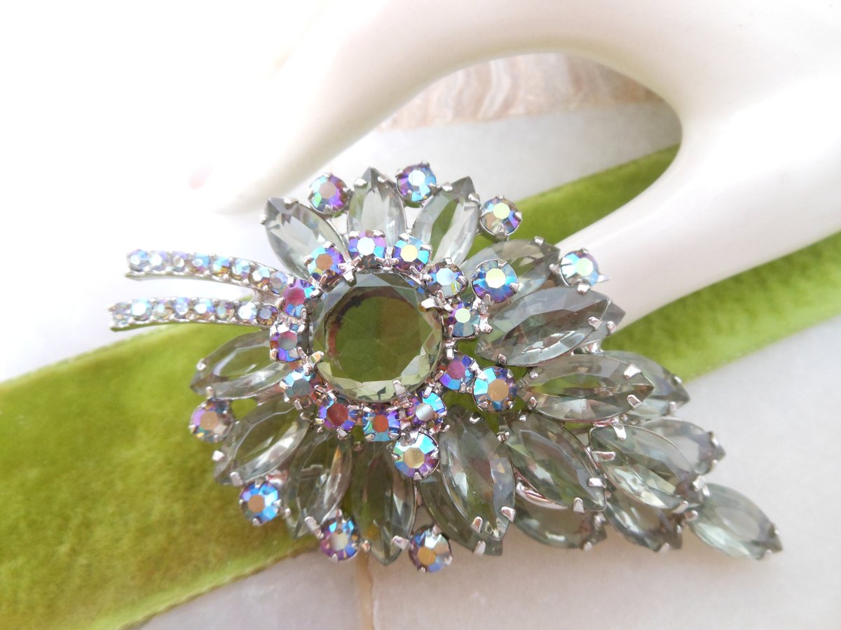 Vintage JULIANA Verified Brooch Flower Leaf Large Rhinestone Gray Green Aurora BorealisDesigner Mid Century Jewelry Gift, VivianJoel.com