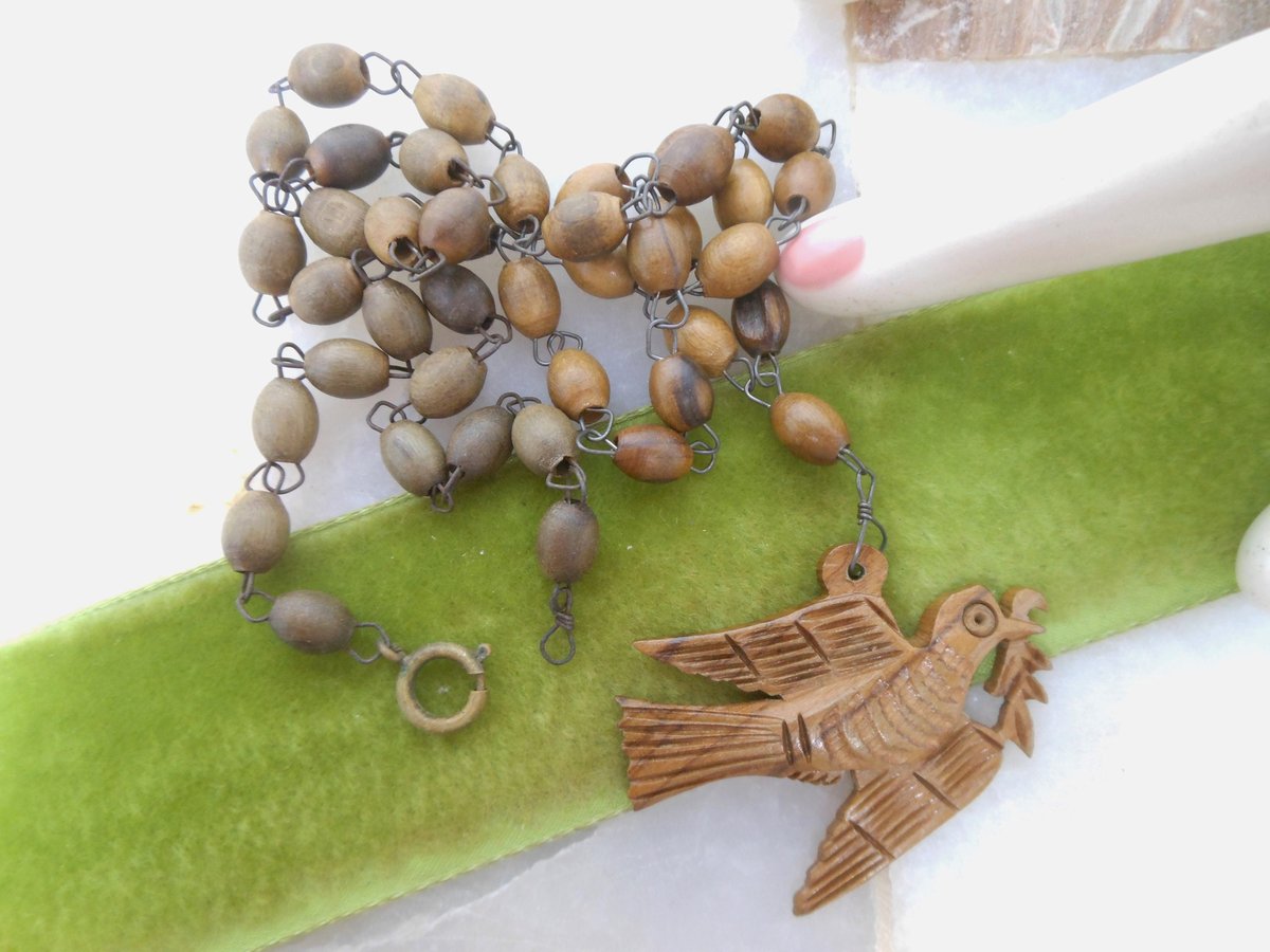 Vintage Peace Dove Bird Necklace Carved Wood Handcraft Pendant Jewelry Folk Art Boho Hippie Kitsch Gift Mid Century, VivianJoel.com
