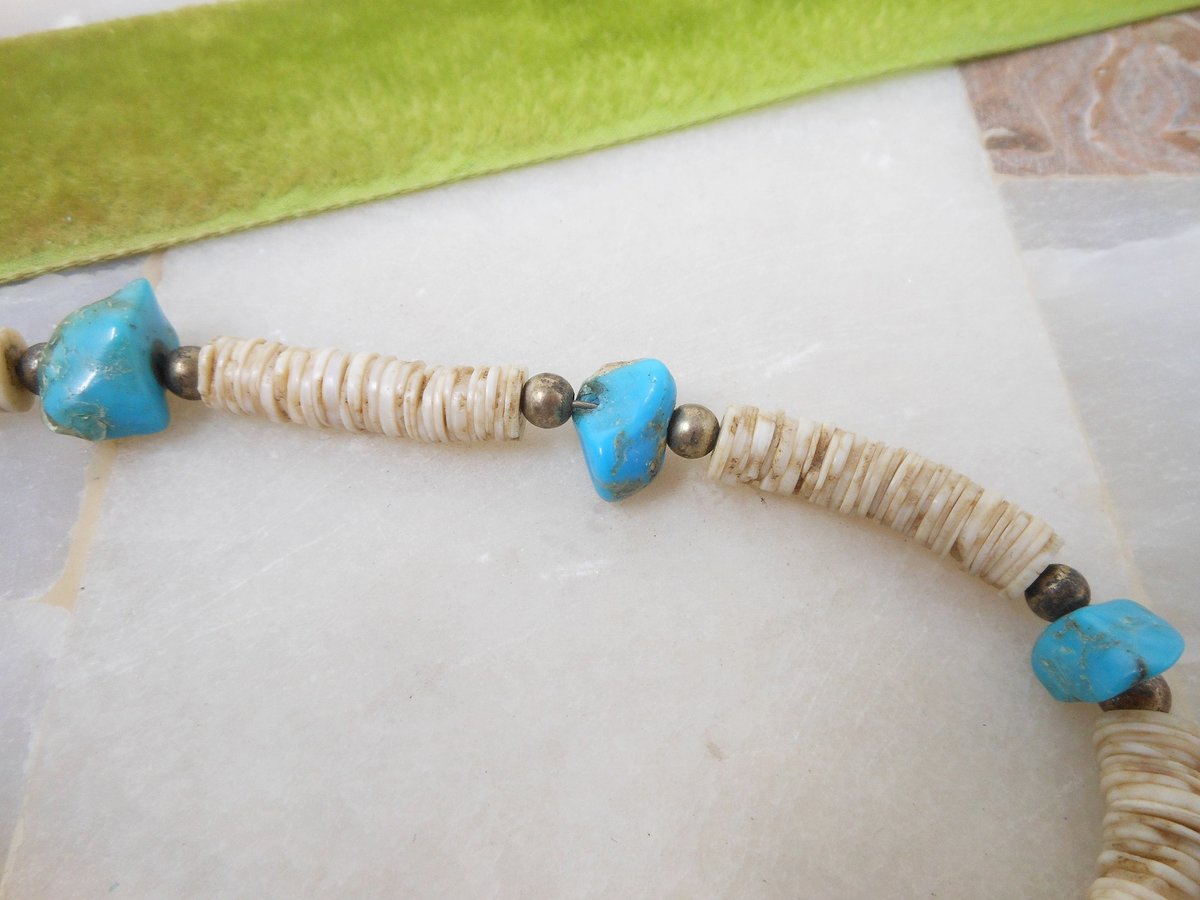 Vintage Turquoise Bead Necklace Collar Chunky Organic Stone Puka Shell Boho Southwest Organic Mid Century Jewelry Gift, VivianJoel.com