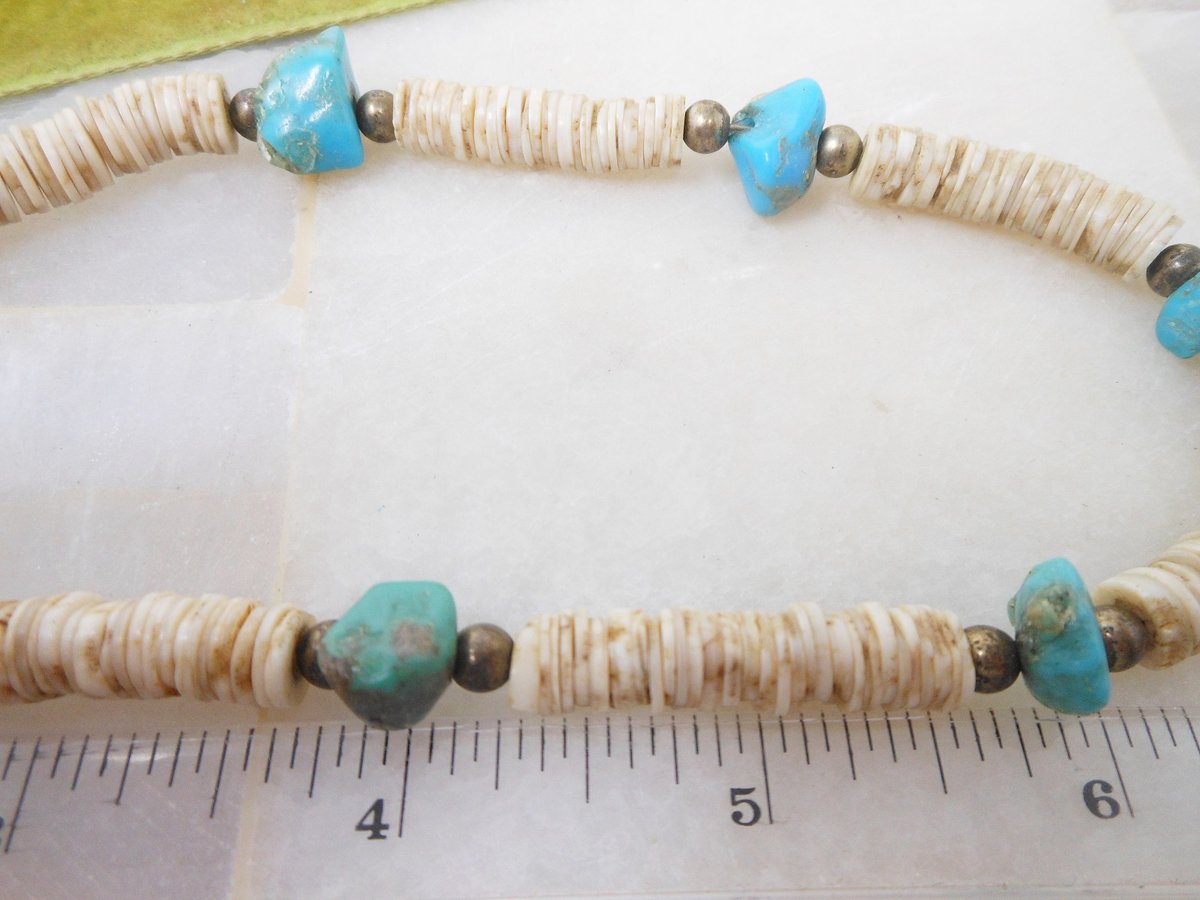 Vintage Turquoise Bead Necklace Collar Chunky Organic Stone Puka Shell Boho Southwest Organic Mid Century Jewelry Gift, VivianJoel.com