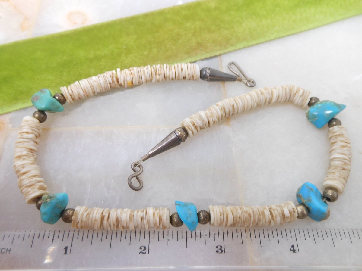 Vintage Turquoise Bead Necklace Collar Chunky Organic Stone Puka Shell Boho Southwest Organic Mid Century Jewelry Gift, VivianJoel.com