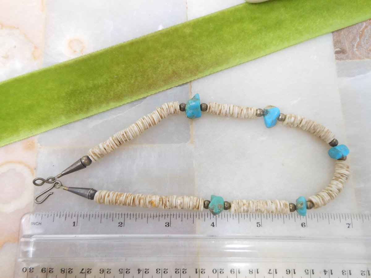 Vintage Turquoise Bead Necklace Collar Chunky Organic Stone Puka Shell Boho Southwest Organic Mid Century Jewelry Gift, VivianJoel.com