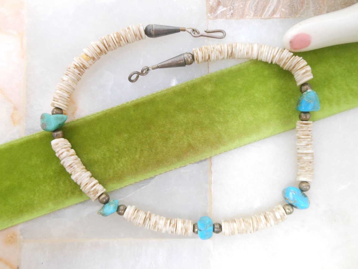 Vintage Turquoise Bead Necklace Collar Chunky Organic Stone Puka Shell Boho Southwest Organic Mid Century Jewelry Gift, VivianJoel.com