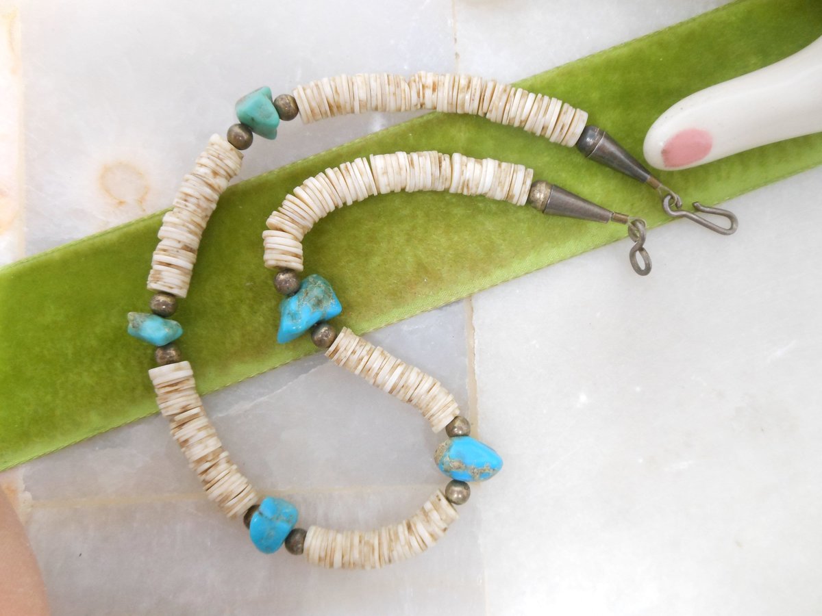 Vintage Turquoise Bead Necklace Collar Chunky Organic Stone Puka Shell Boho Southwest Organic Mid Century Jewelry Gift, VivianJoel.com
